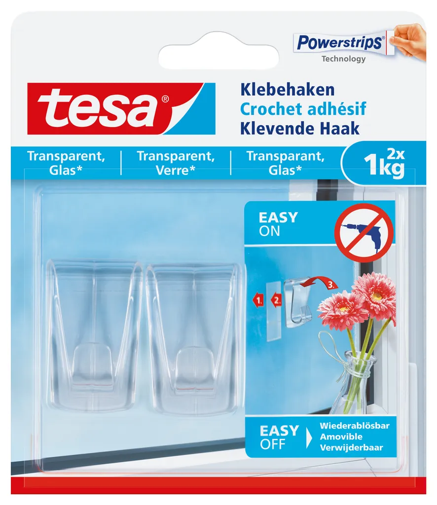 tesa Powerstrips Klebehaken für Glas transparent 2 Haken + 4 Strips